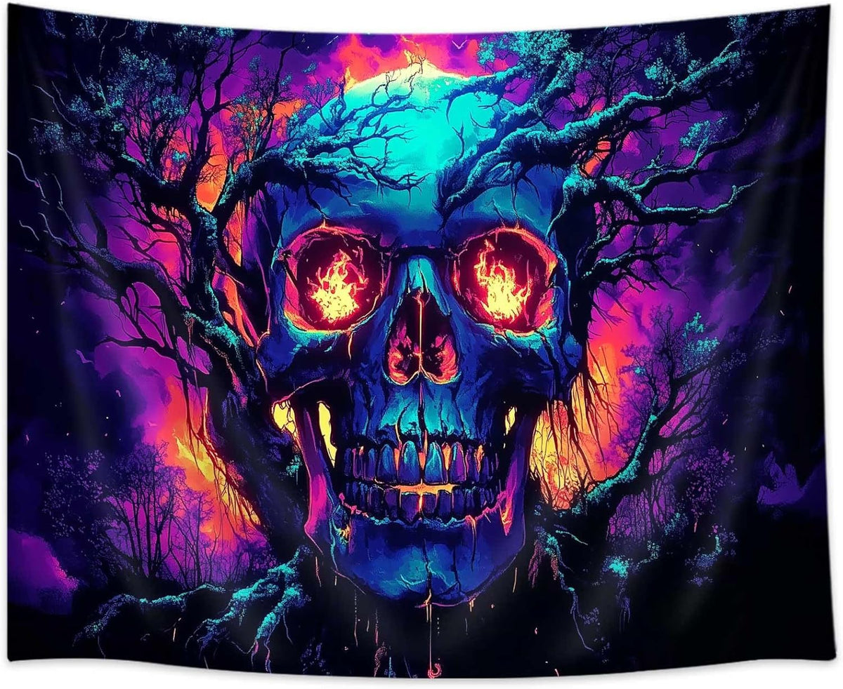 Xiaoput Blacklight Fire Skull Tapestry for Bedroom, Trippy UV Reactive Burning Skeleton Forest Wall Hanging Tapestries, Scary Dark Horror Glow in the Dark Tapestries for Living Room Home Dorm 60X51IN