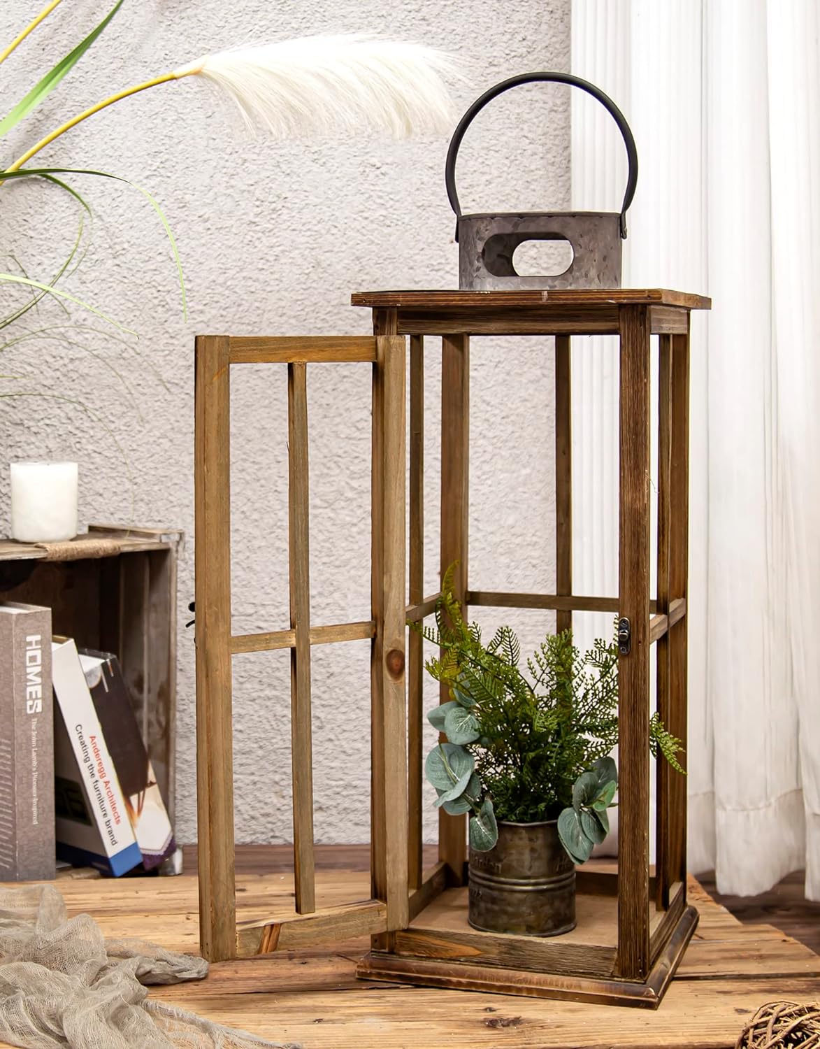 TIMRIS Large Farmhouse Wooden Metal Lantern Set of 2, Rustic Decorative Floor Candle Lanterns, Vintage Distressed Hanging Lanterns for Home Décor (No Glass)