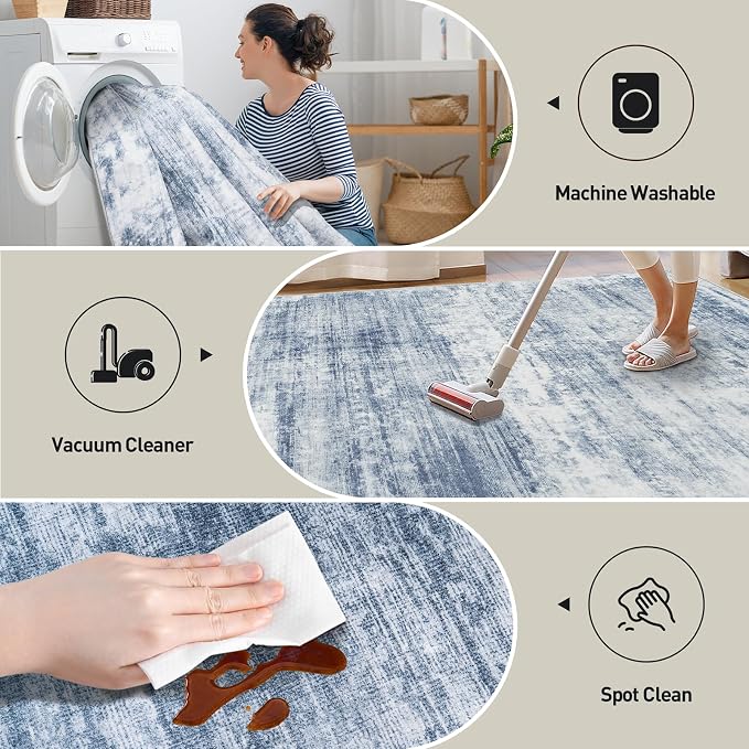4x6 Area Rugs for Living Room: Washable Abstract Blue White Badroom Carpet | - Image 3