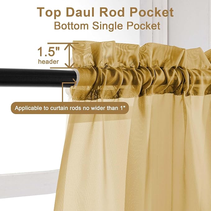 Chyhomenyc Sheer Gold Curtains 90 inches Long 2 Panels, Light Filtering Soft - Image 2