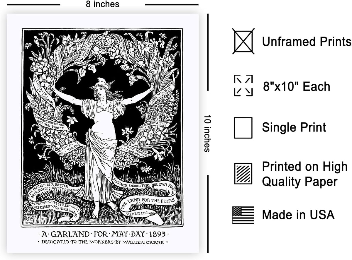 Poster Master Vintage Walter Crane Poster - Retro A Garland for May Day Print - Socialist Art - Gift for Him, Her, Men, Women - Wall Decor for Home, Office, Living Room - 8x10 UNFRAMED Wall Art