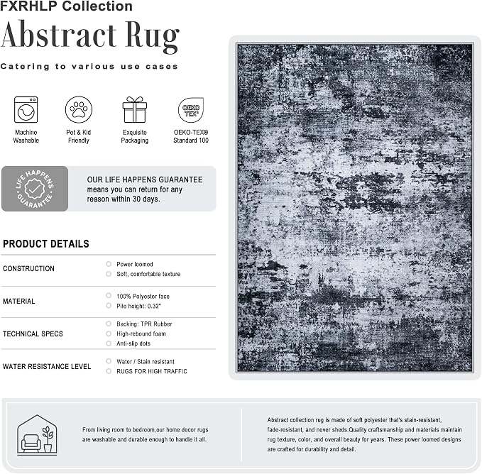 9x12 Area Rug Living Room: Modern Washable Indoor Carpet Black | - Image 2