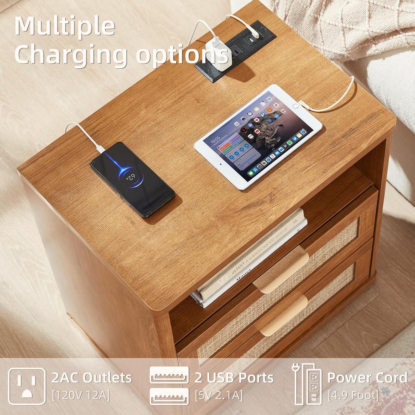LEYAOYAO Boho Rattan Coffee Table and End Table Sets, 48" Wide Center Tables & 23" Night Stand with Charging Station Chest of Drawers, Brown Wood Coffee Table for Living Room 3 Piece Set