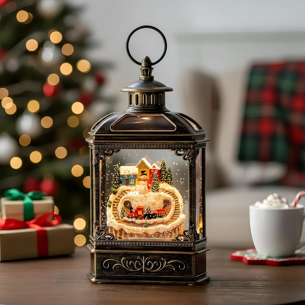 Christmas Snow Globe Lantern Water Glittering Snowman & Train with Music, USB Lined/Battery Operated Lighted Lantern for Christmas Festival Decoration Gifts