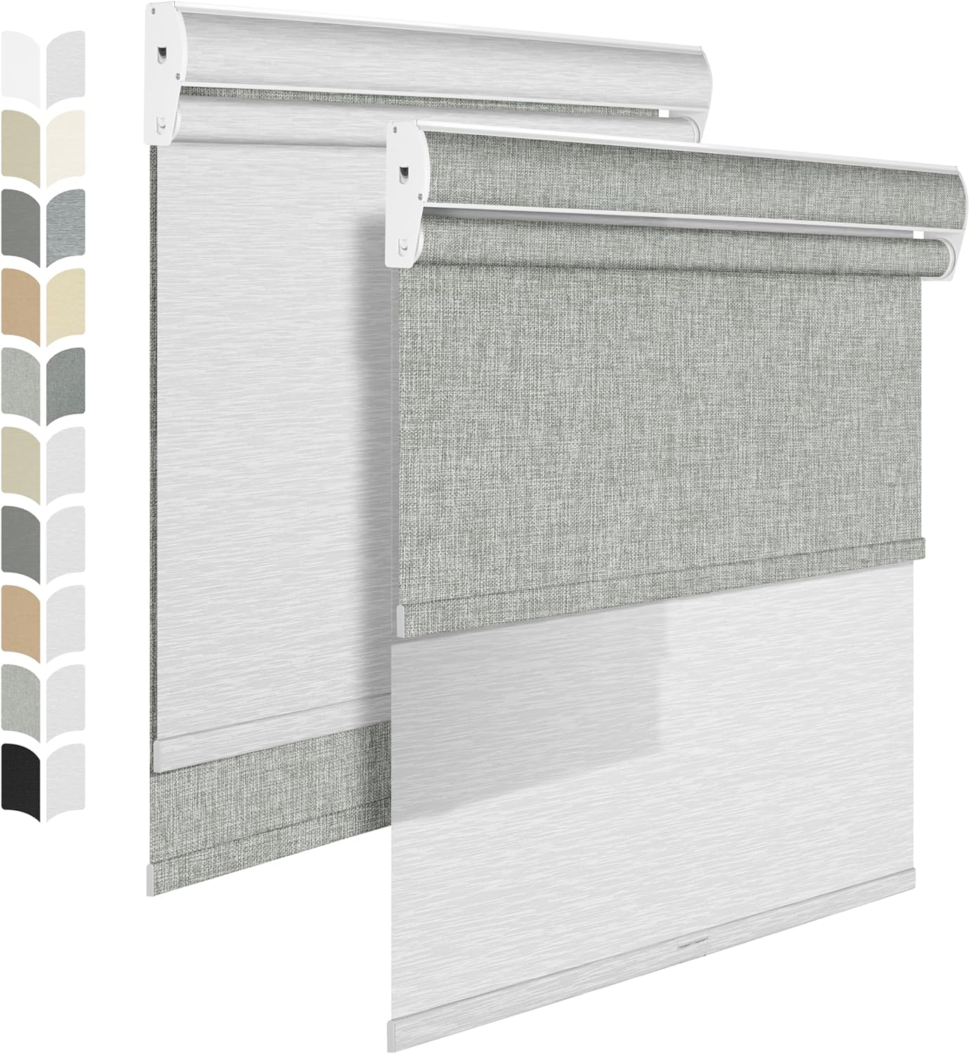 BERISSA Cordless Double Roller Shades with Cassette Valance - Blackout and Light Filtering Shades, Day and Night for Home Office or Door - Linen Grey and White - 46 W x 56" H