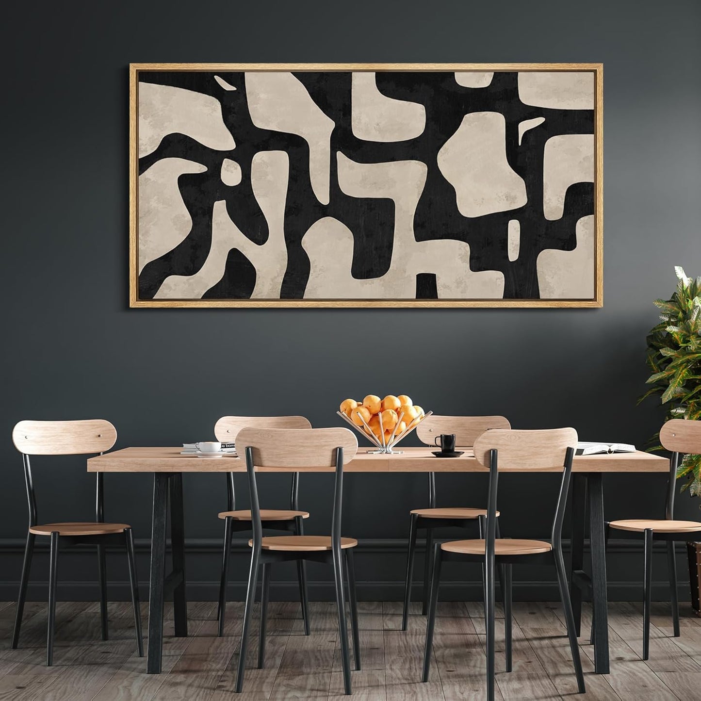 MUDECOR Extra Large Framed Canvas Print Wall Art Abstract Contours Black and White Illustrations Antique Retro Fine Art Illustrations Decorative Colorful for Bedroom - 60"x30"