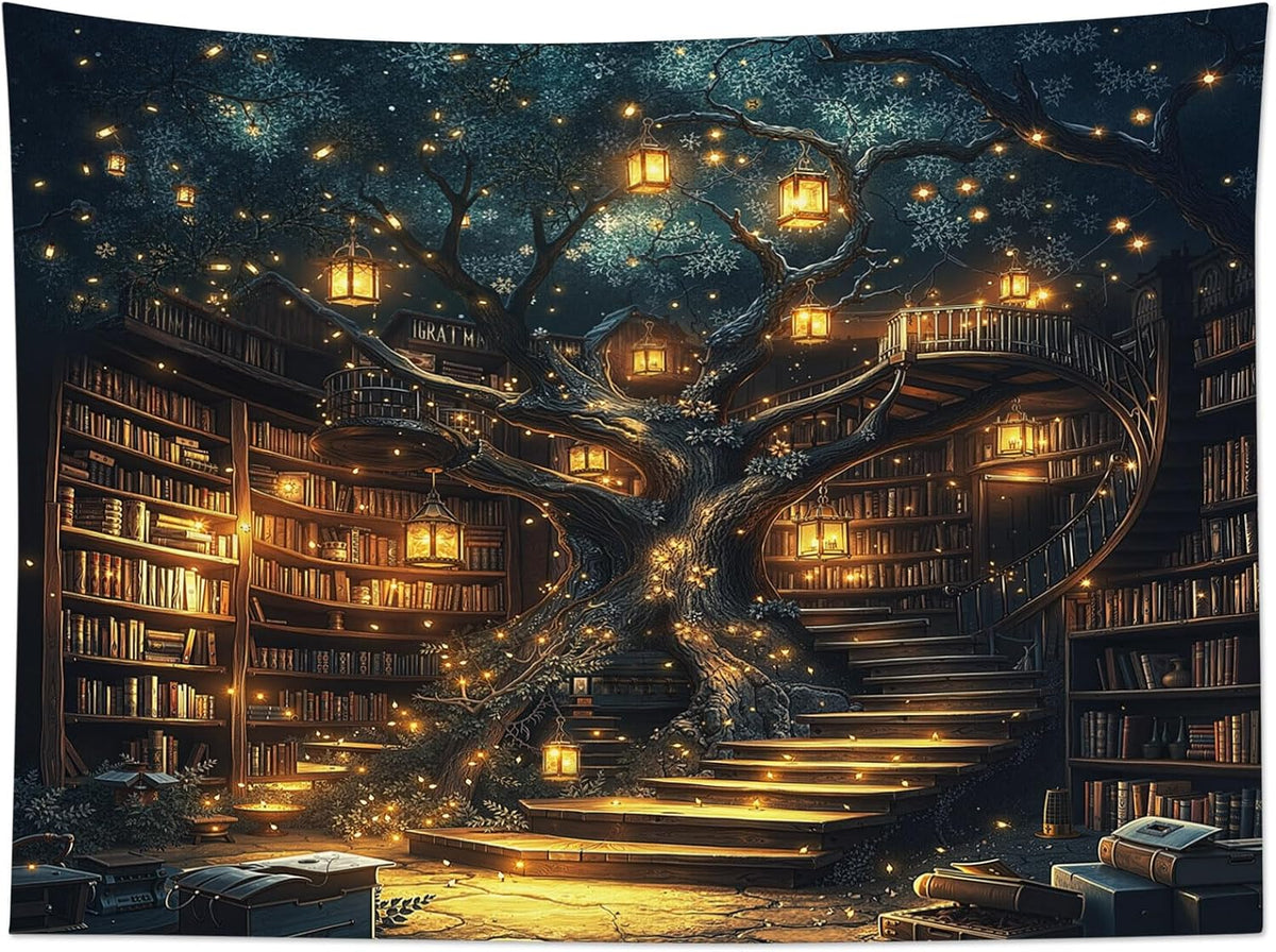 HVEST Fantasy Library Bookshelf Wall Tapestry Fairytale Tree Magic Bookshelf Tapestry Wall Hanging Retro Vintage Tapestries for Classroom Study Room Bedroom Living Room Dorm, 70.9L x 92.5W Inches