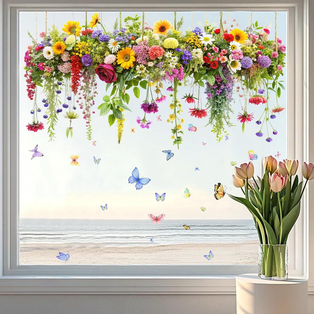 2 Set Colorful Floral Bouquet Window Stickers, Flower Butterfly Window Clings for Glass Windows,Floral Windows Film, Window Decals for Home Kitchen Bathroom Office Decoration