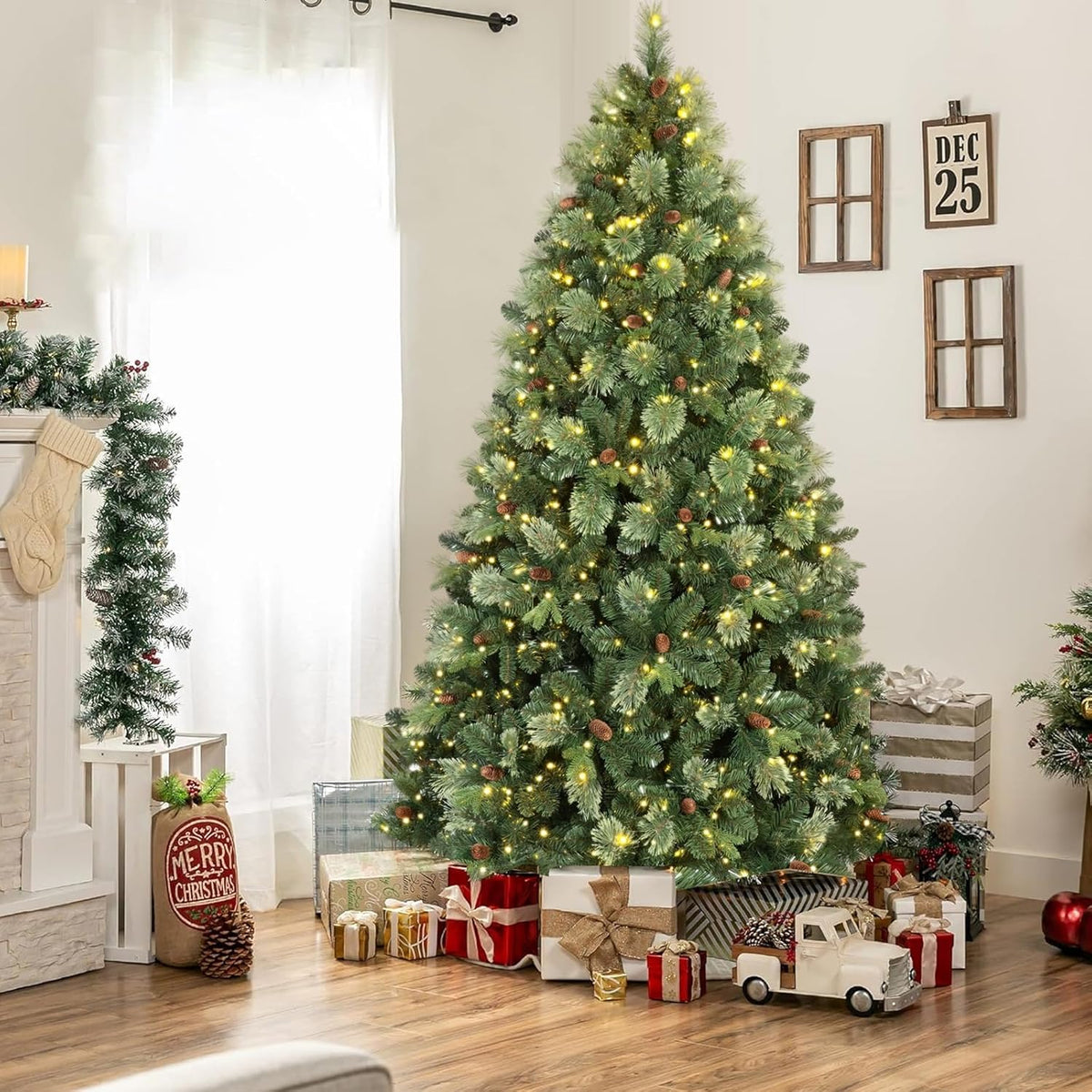 Kadunmina 8ft Prelit Christmas Tree, Artificial Carolina Pine Christmas Tree with 820 Warm White Lights, Pine Cones, 1897 Branch Tips and Metal Stand for Home, Office, Holiday Party Decoration