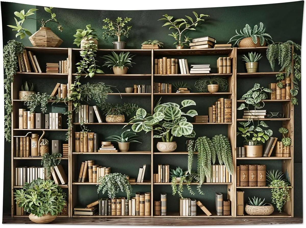 HVEST Green Plant Bookshelf Tapestry Book on Bookshelf and Plant Potted Tapestry Wall Hanging Reading Wall Decor for Study Room Bedroom Living Room College Dorm, 70.9L x 92.5W Inches