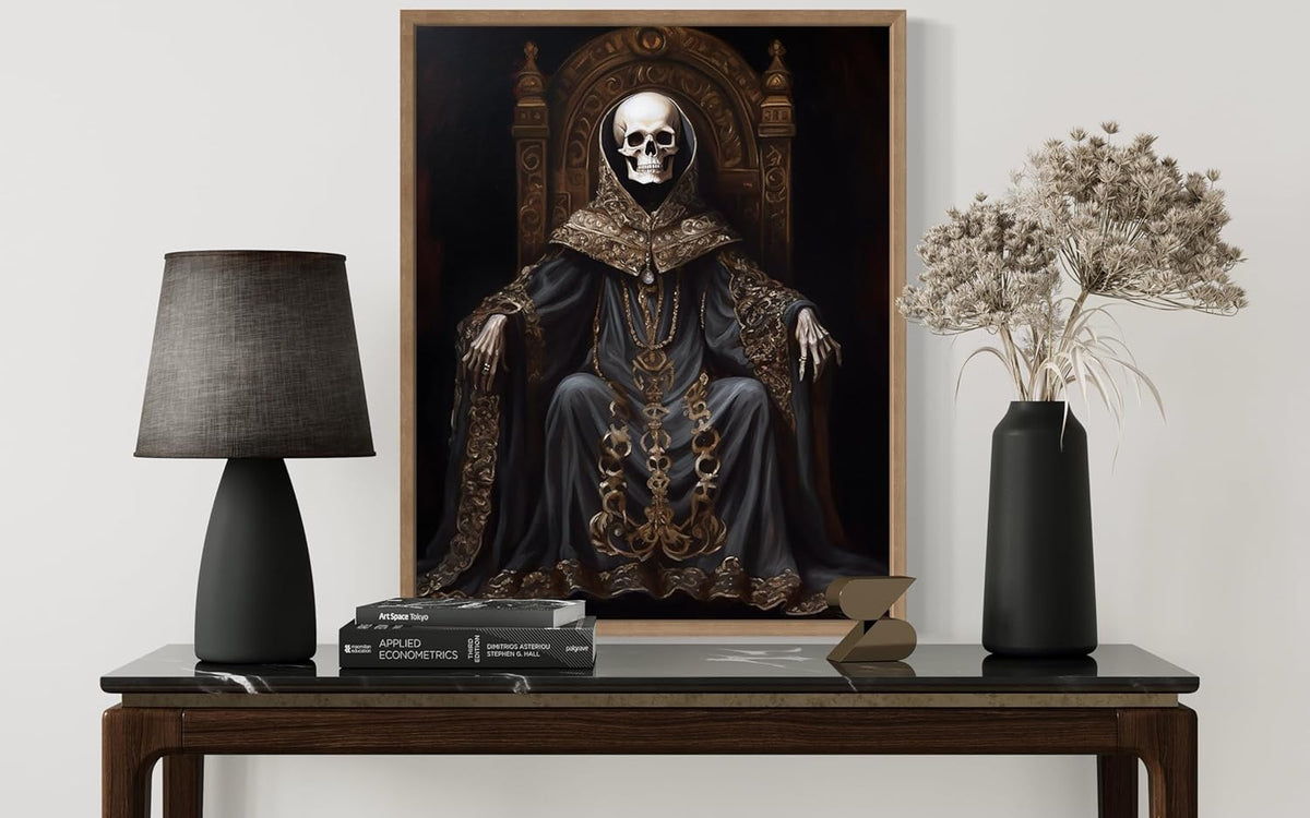 Skull King Poster Art Print, Halloween Scary Vintage Wall Art Academia Spooky Painting Decoration for Horror Prints, Gothic Posters Bedroom Decor 89 (Skull King 1, 16 x 20 inches, Wood Frame)