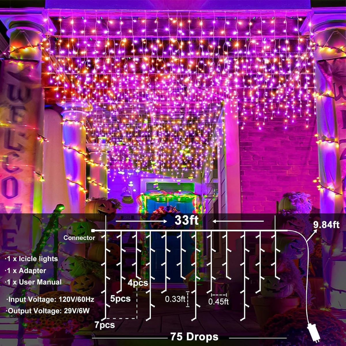 Orange and Purple Halloween Lights Outdoor Indoor, 33ft Icicle Lights for Outside 400 LED Twinkle Christmas Light with 75 Drops Clear Wire Short Curtain Light for House Party Tree Holiday Yard Decor