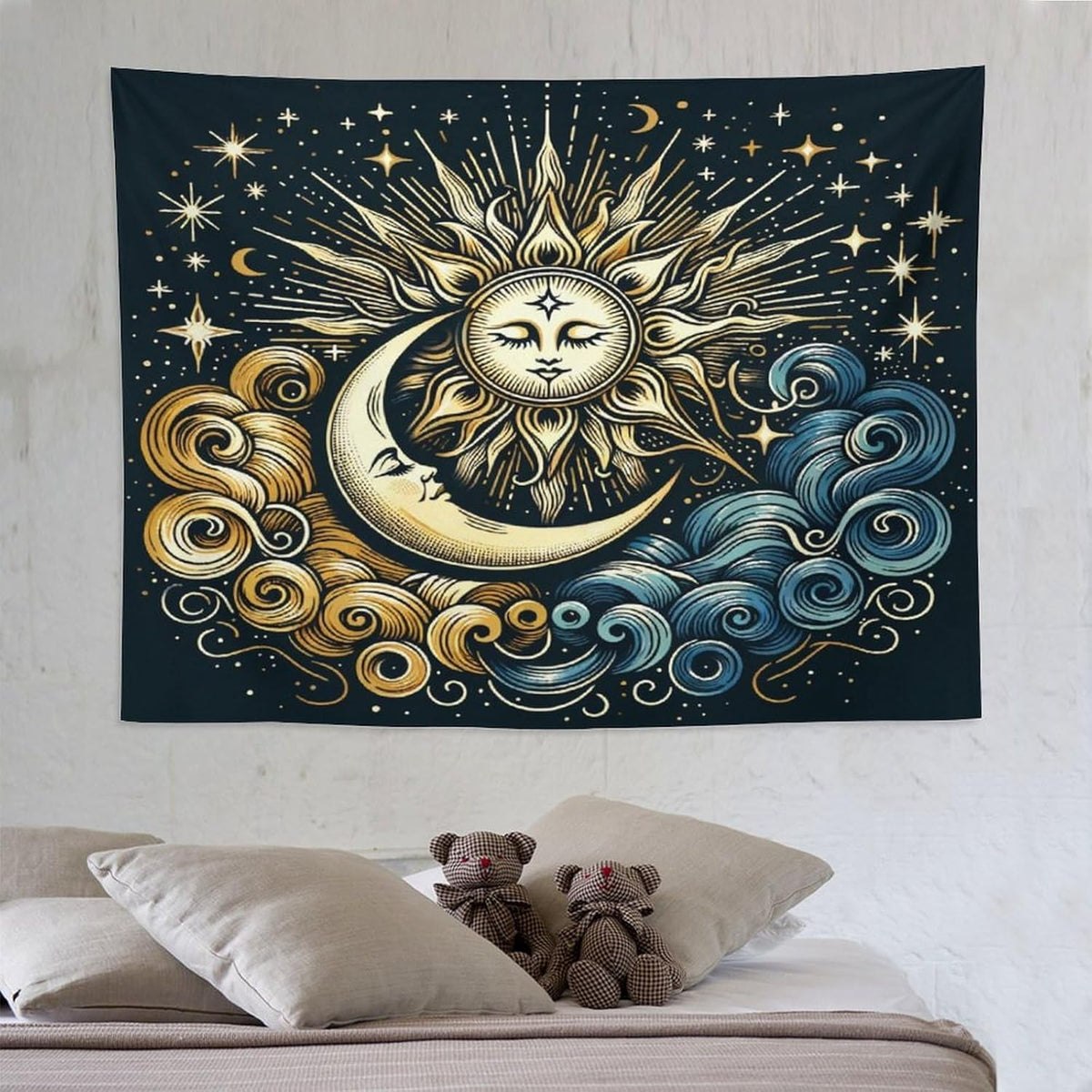 HZOHNAGO Sun Moon Tapestry Boho Golden Stars Pattern Printed Wall Tapestry Wall Hanging for Bedroom Living Room Dorm 80" W x 60" H