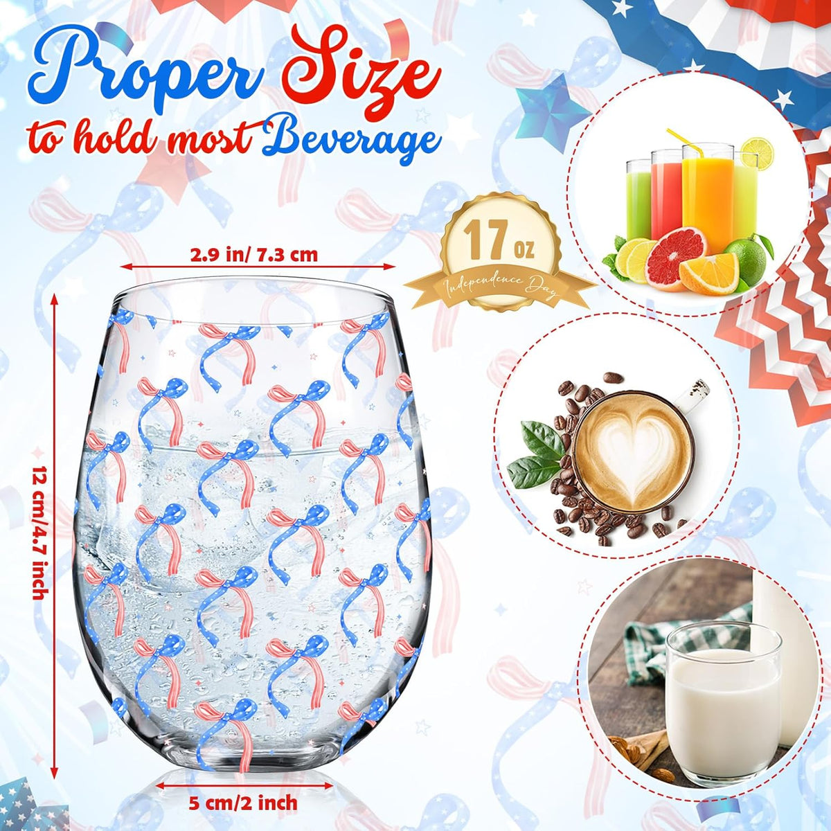 Sliner 2 Pack Patriotic Stemless Wine Glasses 17oz Red Blue Bow Drinking Glasses Independence Day Tumbler Cups for 4th of July Party Supplies Memorial Day Gift Decorations