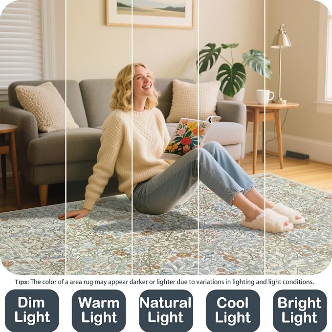 Vintage Beige Blue Living Room Rug, 6x9 Washable Area Rugs - Image 7