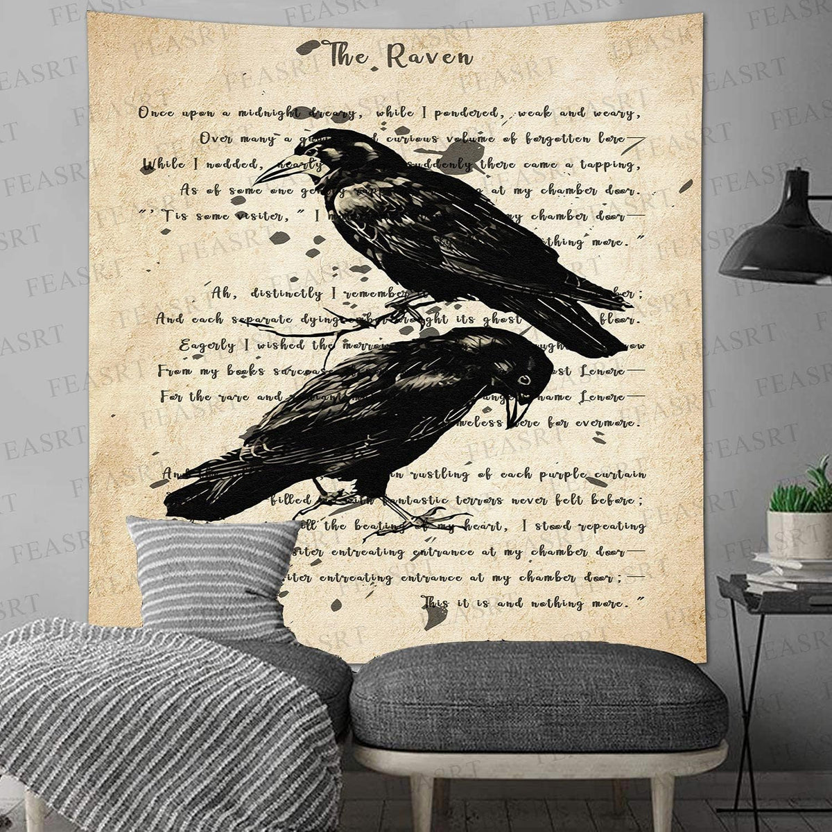 The Raven Wall Tapestry Nevermore Wall Decor Vintage Edgar Allan Poe Gothic Rustic Home Room Wall Hanging Tapestries 84x90 Inches for Living Room Bedroom Dorm GTQQAY1541