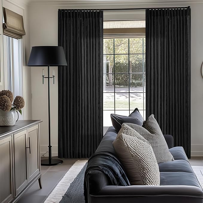 Black Pinch Pleated Linen Semi Sheer 102 Inch Curtains 2 Panels | Light - Image 7