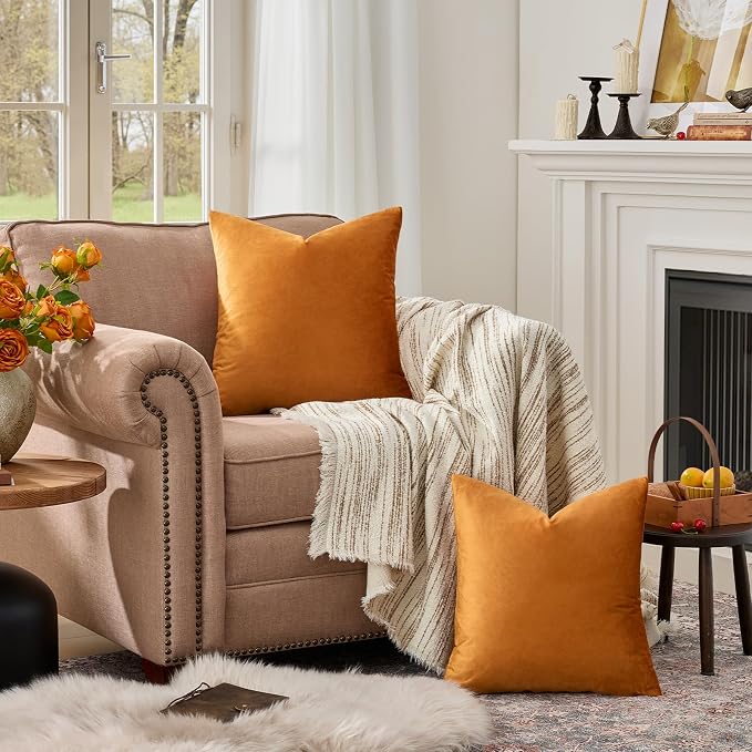 GIGIZAZA Orange Velvet Pillow Covers 26x26 Decorative Pillows Pack of 2 | Throw - Image 3