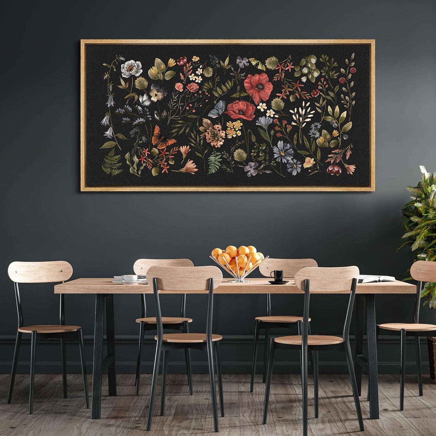 MUDECOR Extra Large Framed Canvas Print Wall Art Midnight Garden Vintage Floral Illustrations Antique Retro Fine Art Illustrations Decorative Colorful for Bedroom - 60"x30"