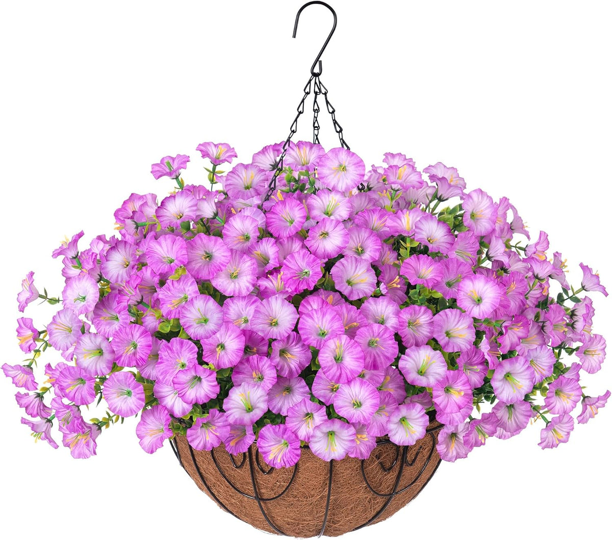 Artificial Faux Hanging Plants Flowers Basket for Outdoor Outside Spring Summer Decoration, Silk Purple Morning Glory in Planter UV Resistant Look Real Fake Flowers for Porch Patio Balcony Home Yard