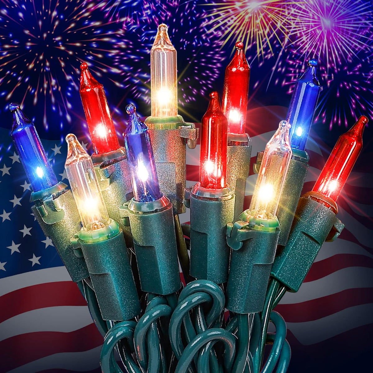 Hopolon Red White and Blue Mini Lights,2PACK 50Count 4th of July Patriotic String Lights Green Wire,13FT Incandescent Independence Day Light for Indoor Outdoor Christmas Party Decor,Red White Blue