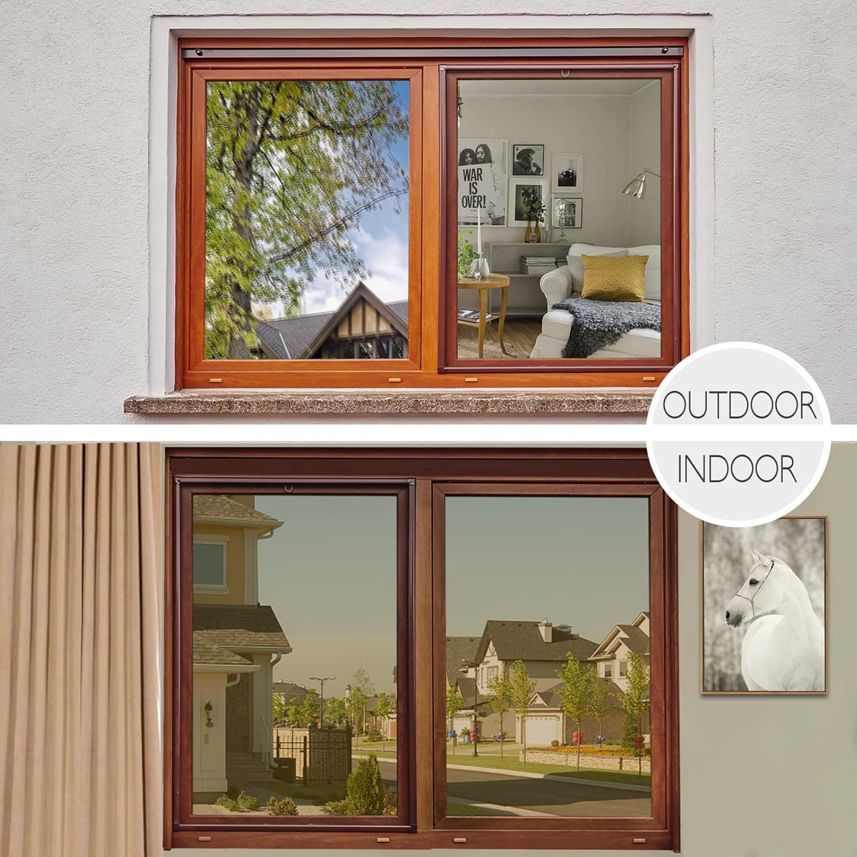 HIDBEA One Way Privacy Window Film, Daytime Mirror Reflective Heat Control UV Sun Blocking Non-Adhesive Static Cling Window Tint for Home and Office (Brown-Silver, 35.4 Inch x 16.4 Feet)