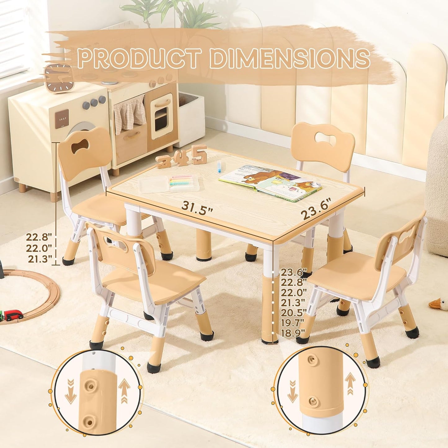 Height-Adjustable Kids Table and Chairs, 31.5''L x 23.6''W Toddler Table and 4 Chairs Set with Anti-Slip Foot Covers, Children Activity Table for Ages 2-10, Graffiti Desktop