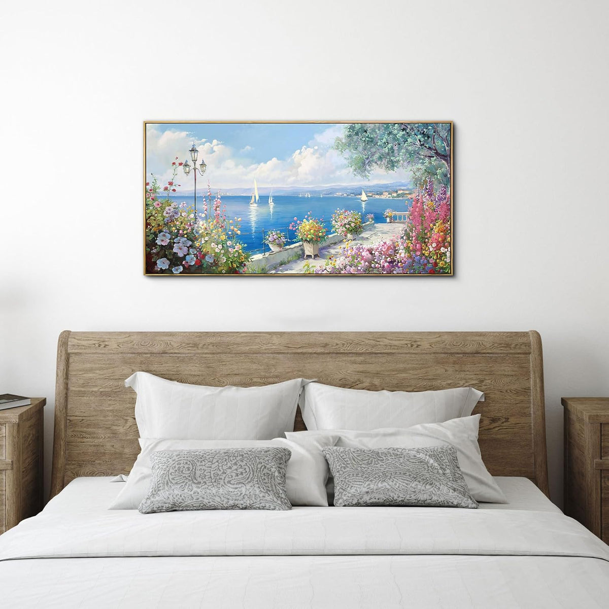 XLSJERST Blue Coastal Wall Art - Ocean Seascape Canvas Yellow Green Flowers Painting Landscape Sailboat Picture Artwork Modern Large Framed for Living Room Bedroom Home Office Decor 20"x40"