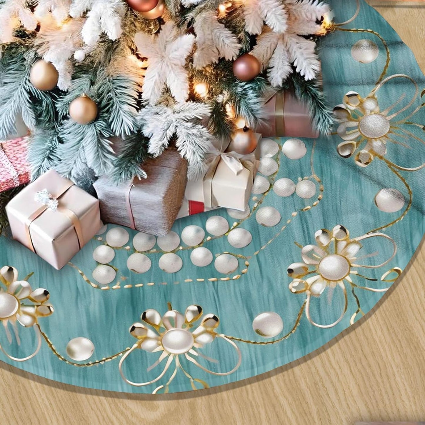 48" Large Christmas Tree Skirt, Elegant Circular Round Shape Turquoise Pattern Tree Mat Base Cover for Xmas Festive Holiday Party Decoration Ornaments