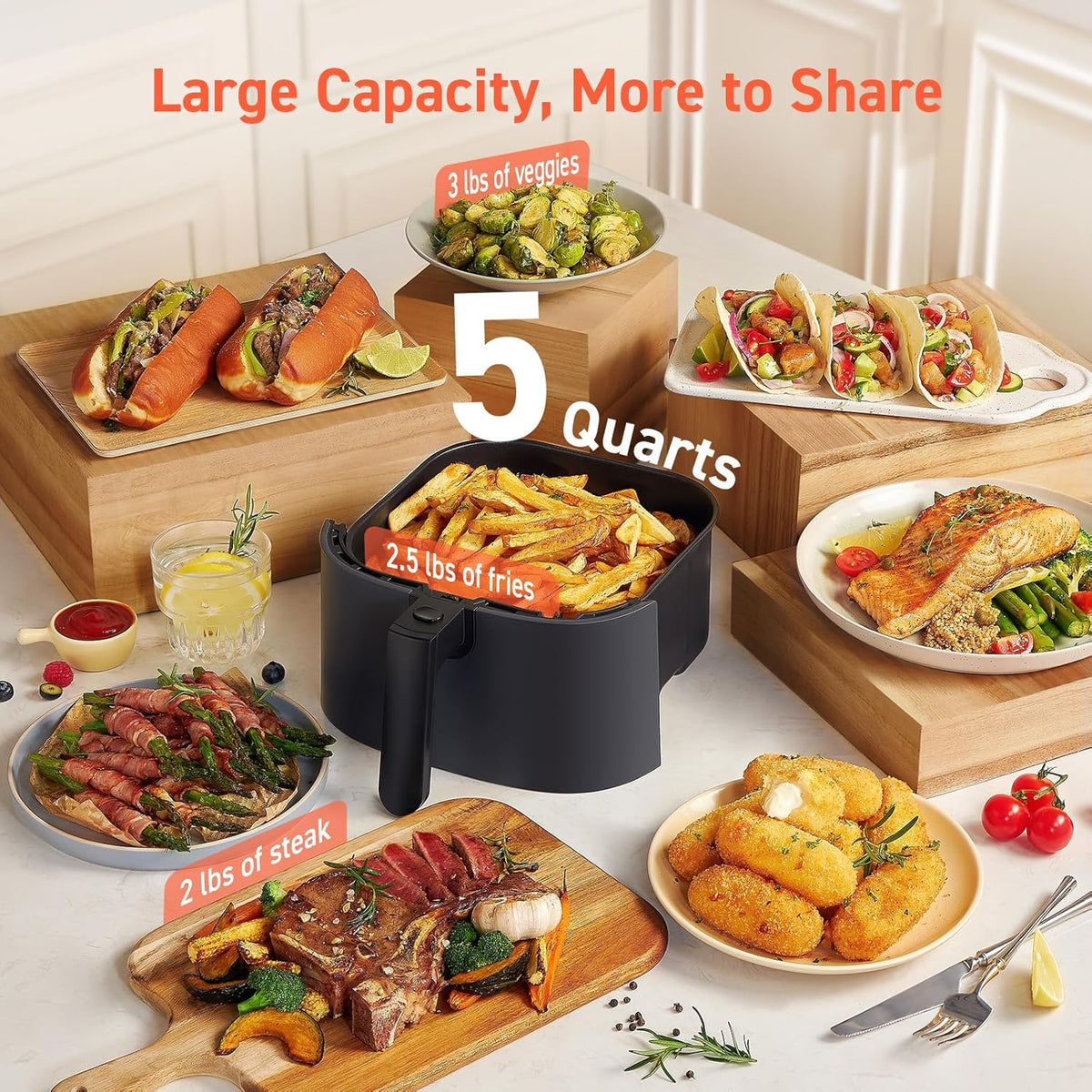 COSORI Air Fryer Pro 9-in-1, Compact 5QT, 450℉: Half Time & Chef-Grade Cook, One-Wipe Clean Glass Panel, 130+ In-App Recipes with Nutritional Info, Nonstick & Dishwasher-Safe Basket, Ceramic, Gray