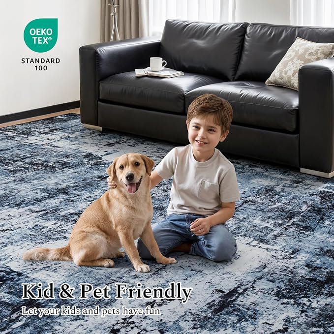 Rugflix Round Area Rugs 8Ft for Living Room, Washable Navy Blue Circle Rug | - Image 6