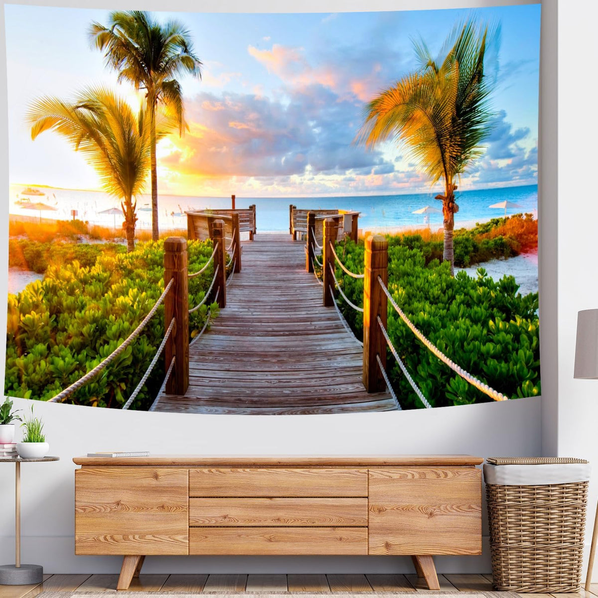Delur Beach Sunset Tapestry Tropical Seaside Palm Tree Coastal Tapestry Wall Hanging Sunrise Nature Landscape Scenic Psychedelic Headboard for Bedroom Living Room Home Decor (51.2" x 59.1")