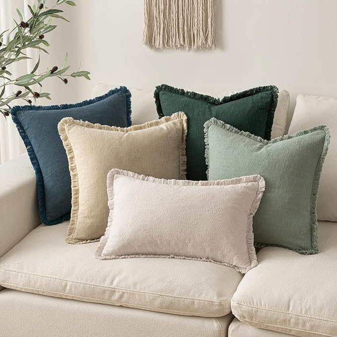 MIULEE Linen Fringe Decorative Euro Throw Pillow Covers Navy Blue 24x24 | Set - Image 6