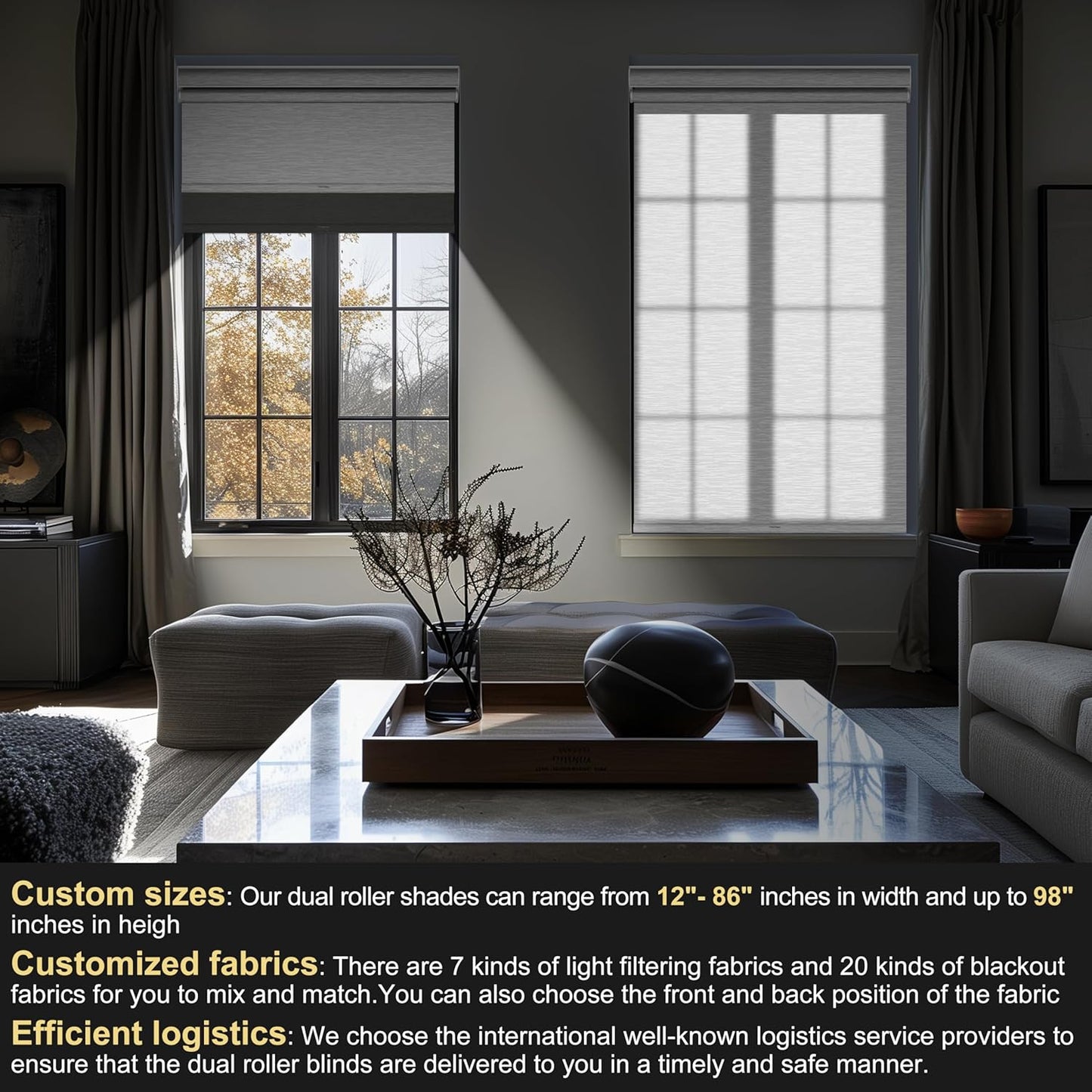 BERISSA Cordless Dual Roller Shades with Cassette Valance,Double Window Shades Blackout and Light Filtering Shades,Day and Night Roller Shades for Home Office Door.Grey and White.37 W x 48" H