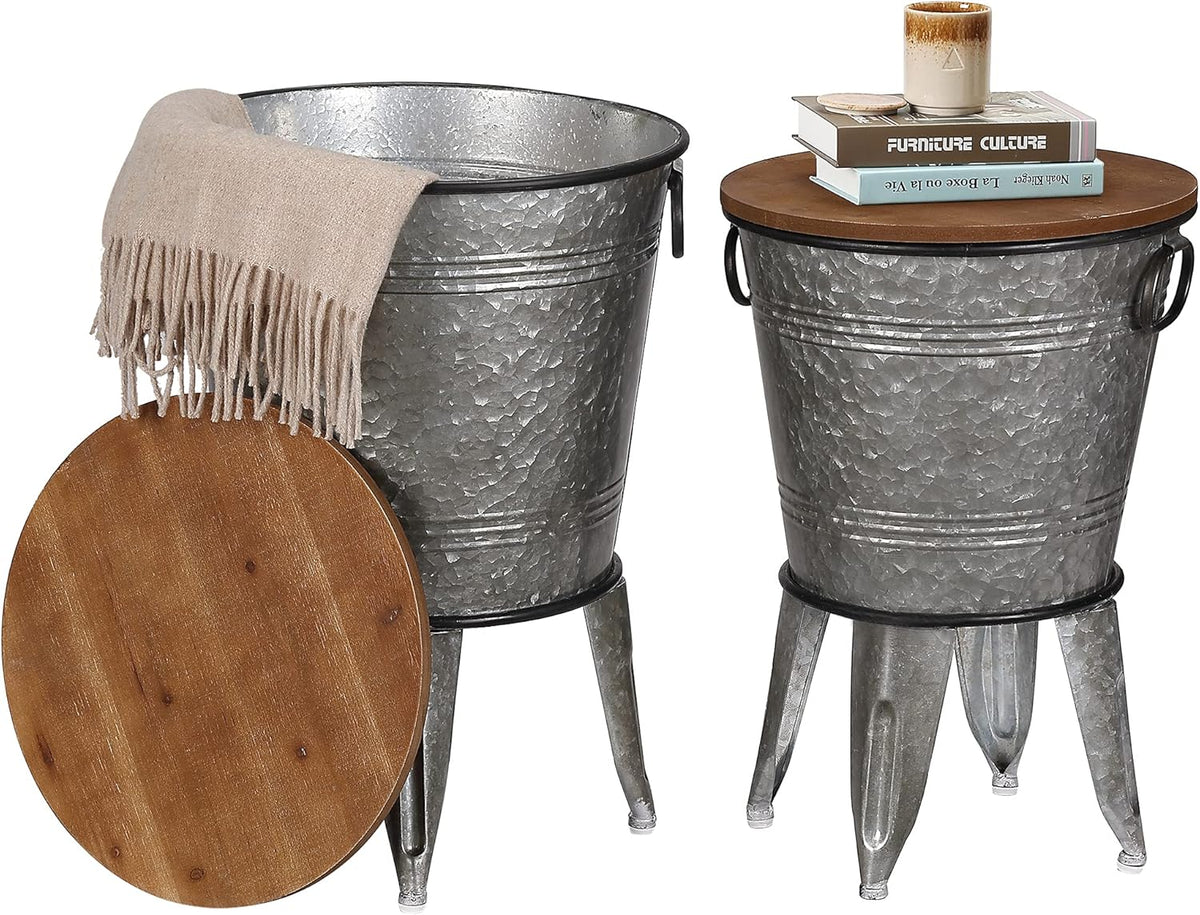 Rustee Rustic Storage Farmhouse Accent Side Table,Antique Galvanized Metal End Coffee Cocktail Table Box Bin with Round Wooden Lid Set of 2 (Galvanized),HC2009WT,One size