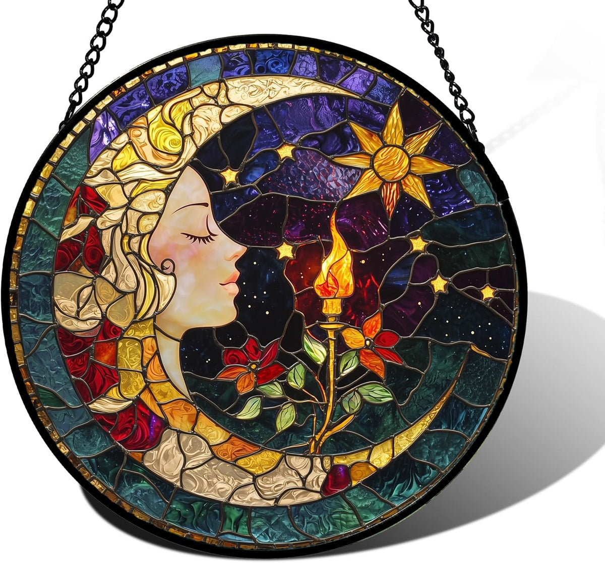 Stained Glass Window Hanging, Moon Goddess Torch Suncatcher Diamond Glass Panel Hangings Dream Sun Catchers Decor for Birthday for Women, Men, Wife, Aunt, and Mom 7.8 in