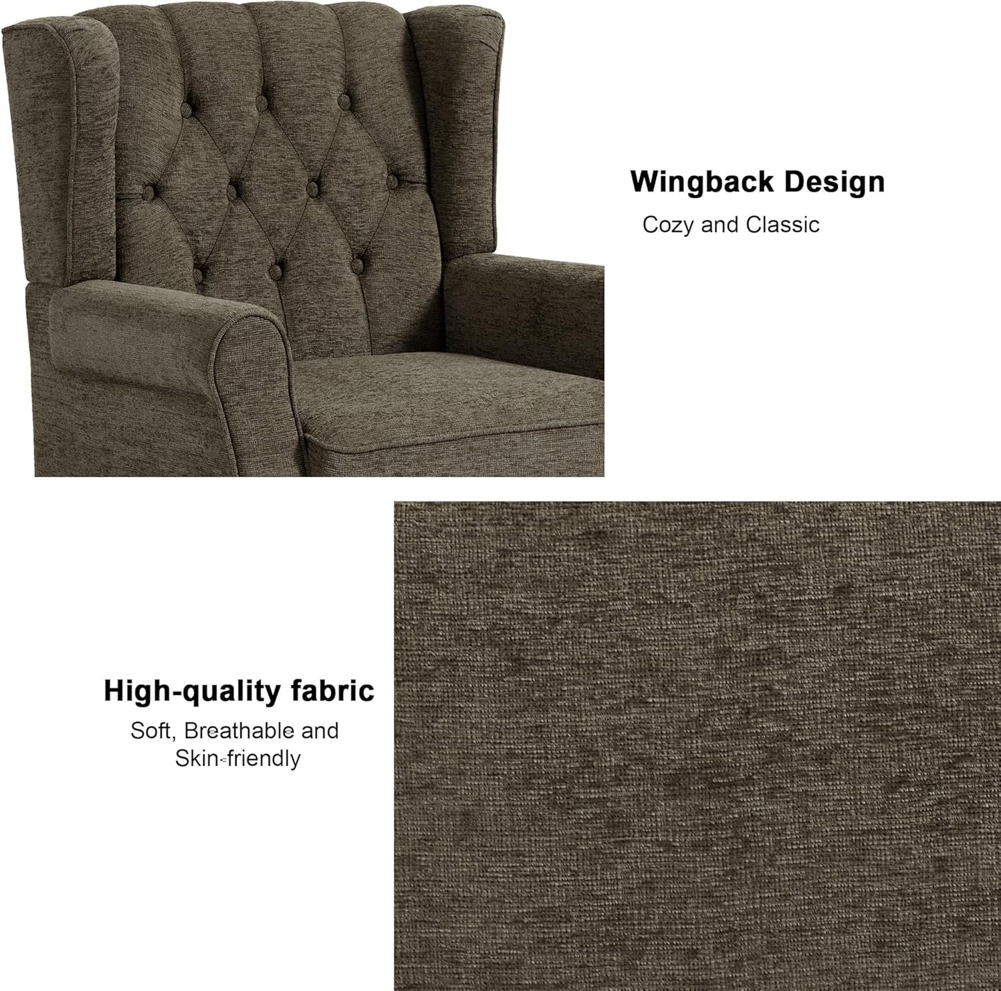 Accent Chair, Upholstered Armchair with Button Tufted High Back & Solid Wood Legs, Comfy Wingback Reading Single Sofa Chair for Small Spaces, Living Room, Bedroom (Taupe, Set of 1)