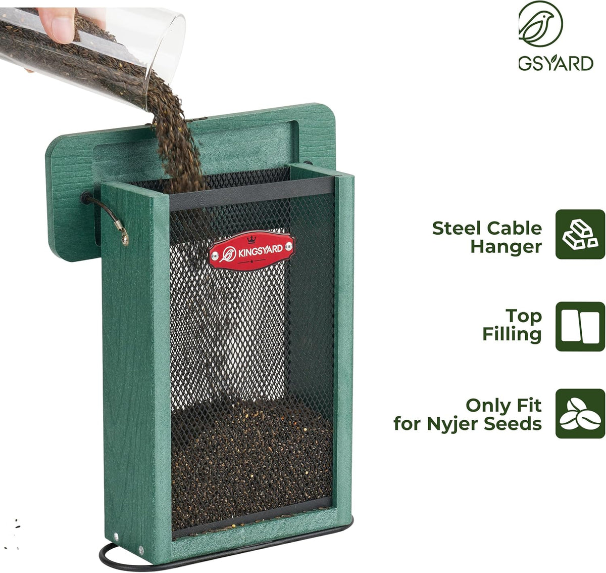 Kingsyard Metal Mesh Bird Feeder for Outdoors Hanging, Finch Feeder for Nyjer/Thistle, Sliding Mesh & Built-in Perch, Recycled Plastic, Green