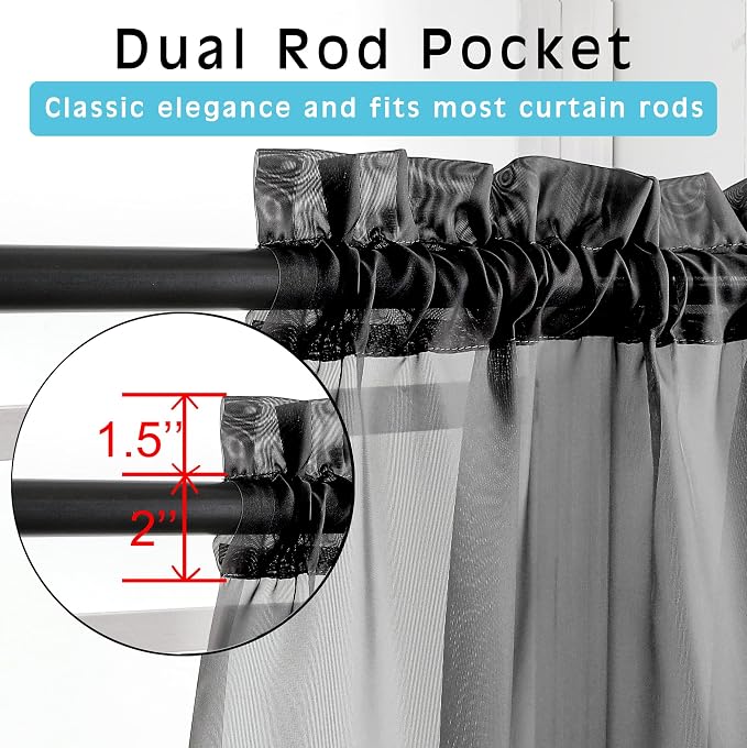 Black Sheer Curtains 36 inches Long, Short Kitchen Window Treatment Solid - Image 3