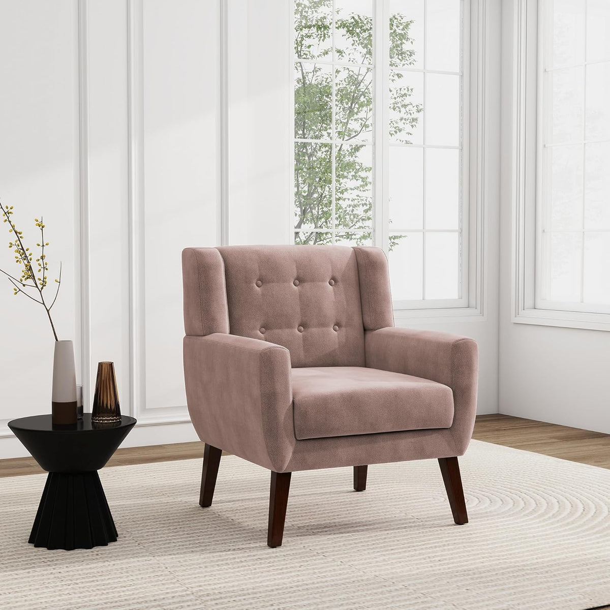 UIXE Accent Chair, Velvet Upholstered Armchair for Living Room, Modern Club Arm Chairs Comfy Single Sofa Button Tufted Bedroom Reading Seat - Skin Pink, Set of 1