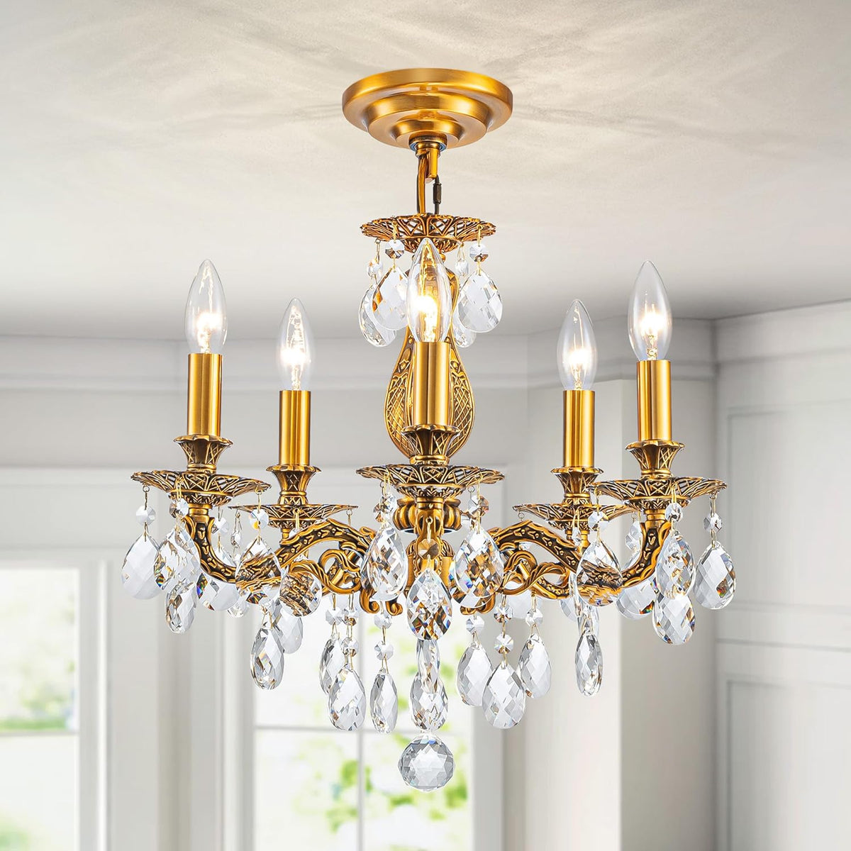 French K9 Crystal Maria Theresa Chandeliers, Luxury Vintage Pendant Light Fixture for Dining Room, Living Room, D18.3*H21~68 inch (Adjustable), Clear Crystal & Antique Bronze Finish Frame