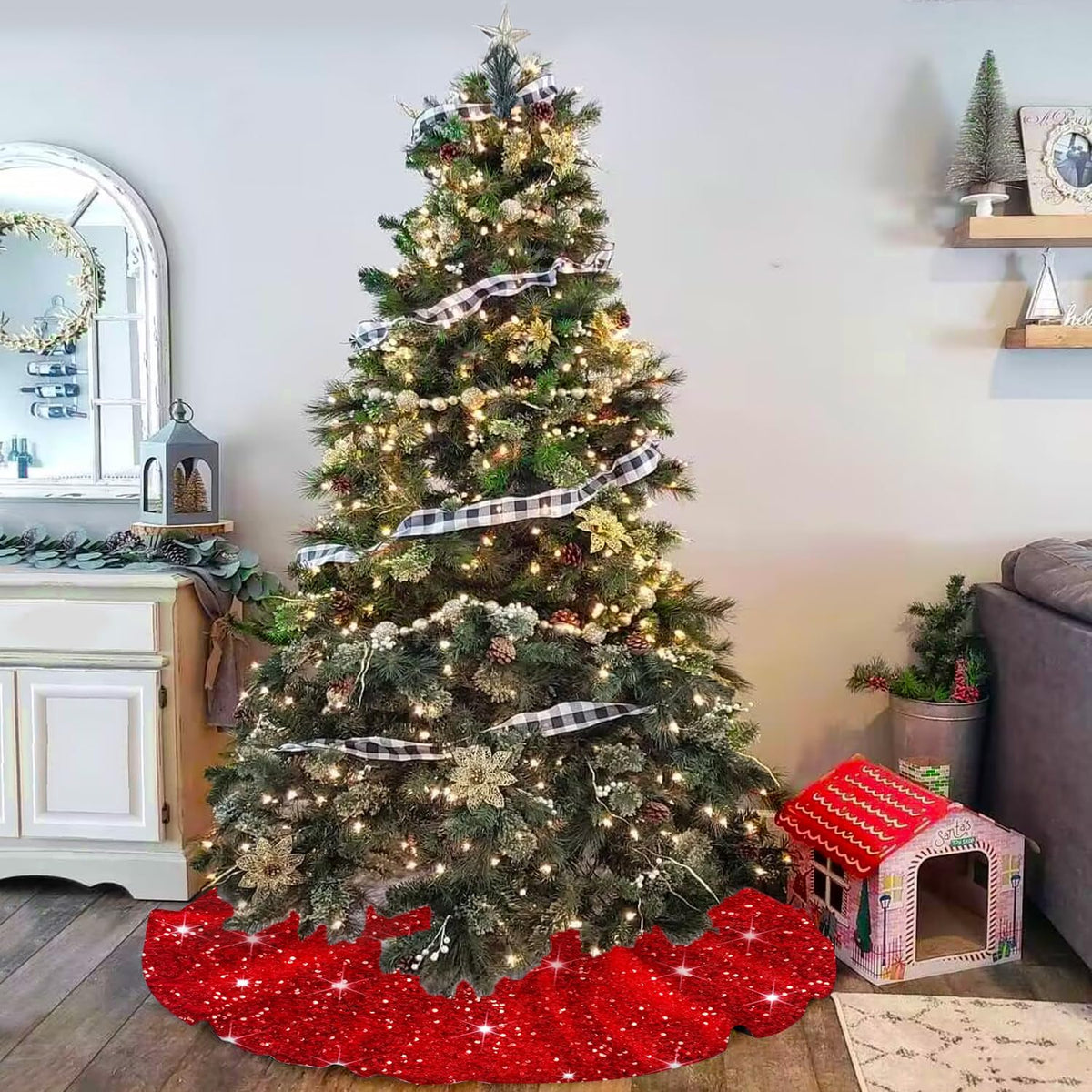 MODFUNS Sequin Christmas Tree Skirt Red Tree Skirt 46 Inch Sparkly Christmas Tree Skirt Thick Velvet Tree Mat Large Sequins Tree Skirts Collar Shimmer Tree Skirts for Christmas New Year Party
