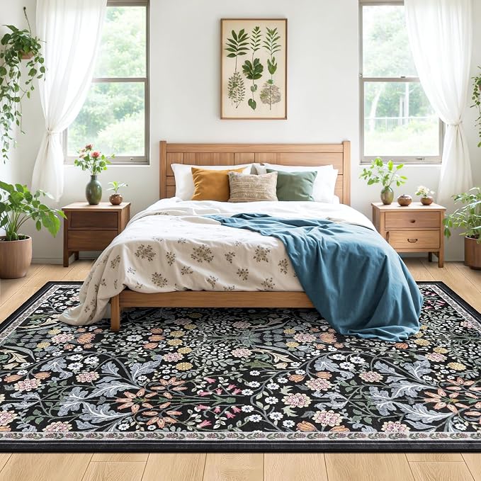 PLHXFR Area Rug Living Room: 4x6 Floral Washable Boho Carpet Dark Black | - Image 3