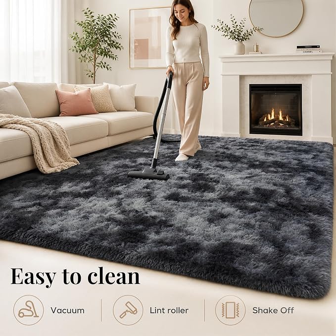 PLHXFR 5x7 Area Rugs Living Room: Fluffy Bedroom Soft Shag Rug Black Grey | - Image 9