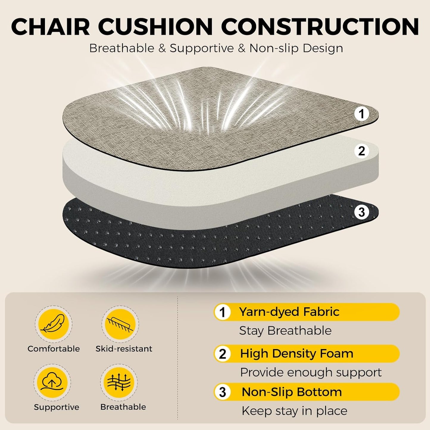 downluxe Indoor Chair Cushions for Dining Chairs, Soft and Comfortable Textured Foam Kitchen Chair Pads with Ties and Non-Slip Backing, 16" x 16" x 2", Khaki, 6 Pack