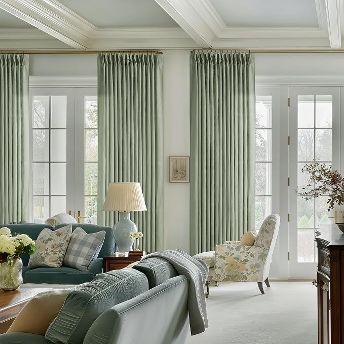 Sage Green Pinch Pleat Semi Sheer Linen Curtains 108 Inches Long 2 Panels | - Image 6