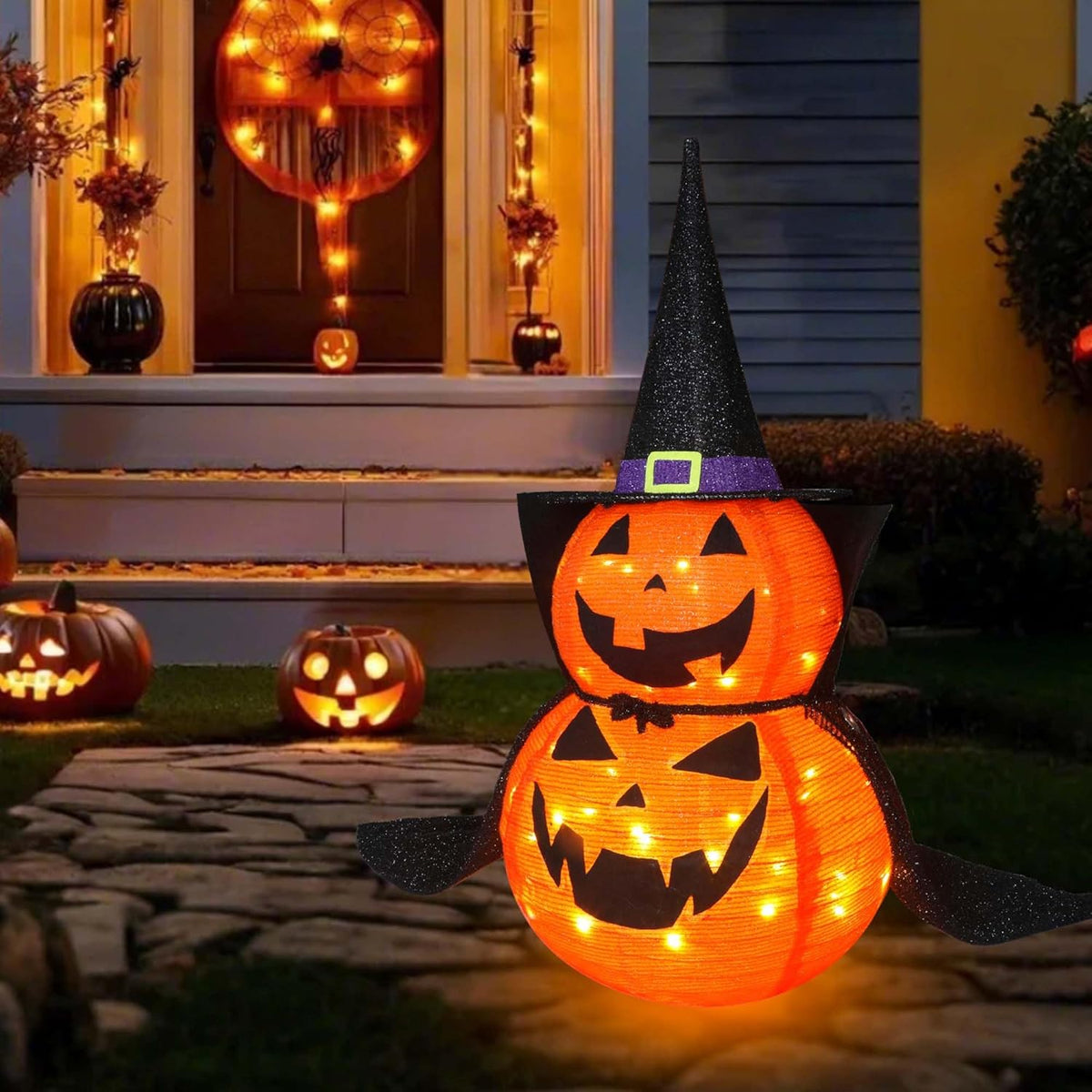 3FT Halloween Collapsible Pumpkin Decoration, 50 LED Pop-Up Pumpkin Lamp with Star Cap, Plug in Halloween Jack-O-Lantern with Metal Stand for Indoor Outdoor Garden Patio Party Decor