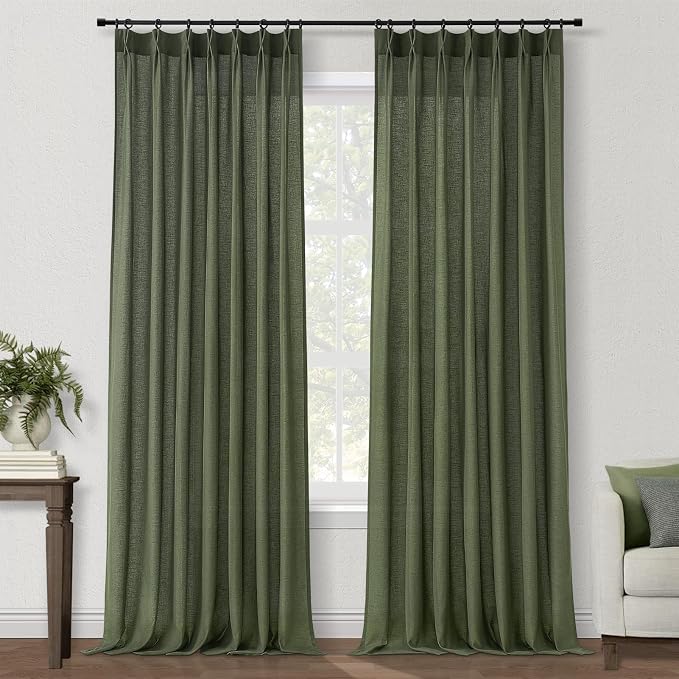 Topfinel 102 Inch Pinch Pleated Linen Curtains 1 Panels, Olive Green Semi Sheer - Image 9