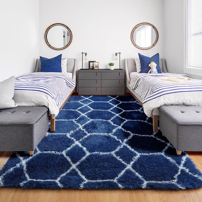 6x9 Area Rugs for Living Room Bedroom, Fluffy Navy and White Geometric Rug | - Image 7