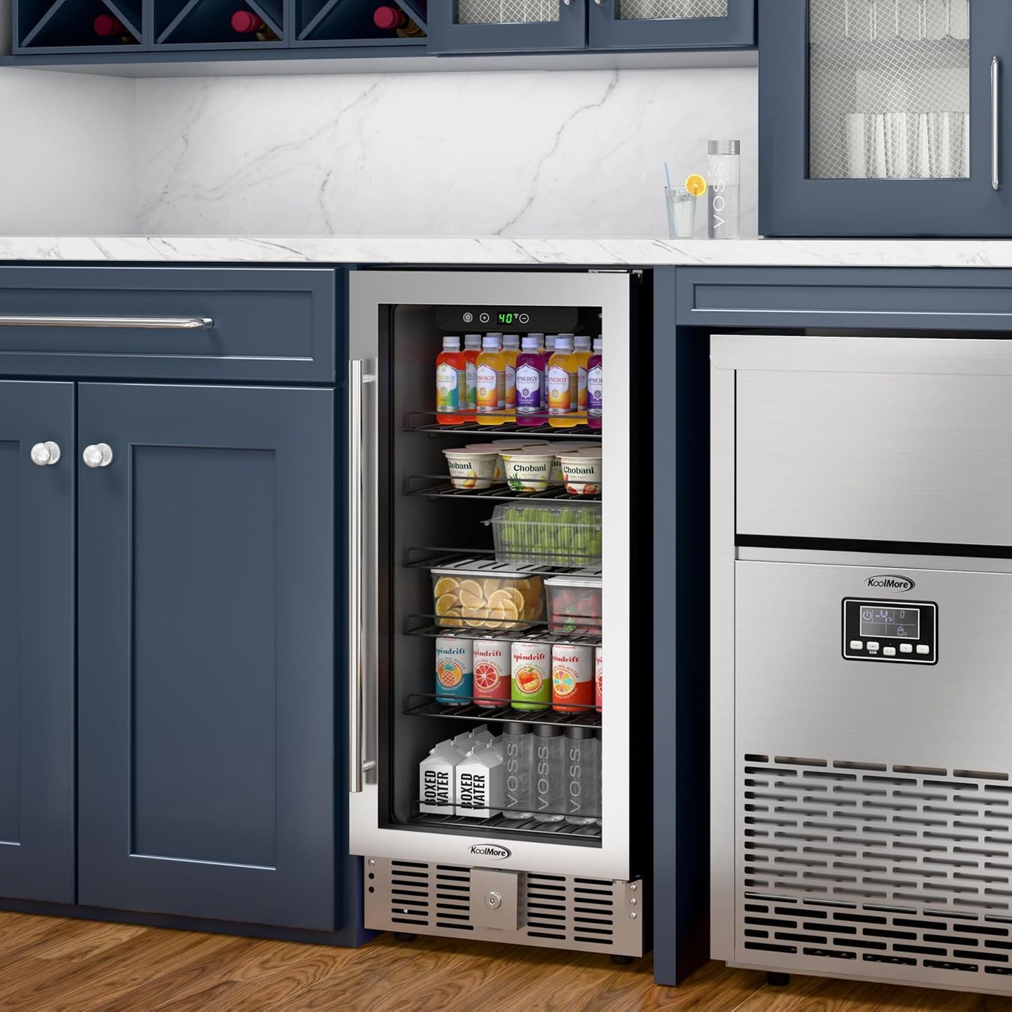 KoolMore 15” Inch Small Built-In Refrigerator and Beverage Cooler for Soda Cans, Beer Cans, Food and Fresh Snacks, 5 Wire Shelves, Adjustable Temperature Range (KM-BIR3C-GD), Stainless Steel